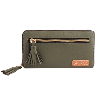 Olive Green Vegan Leather Tassel Clutch for Women | Stylish Zip Wallet