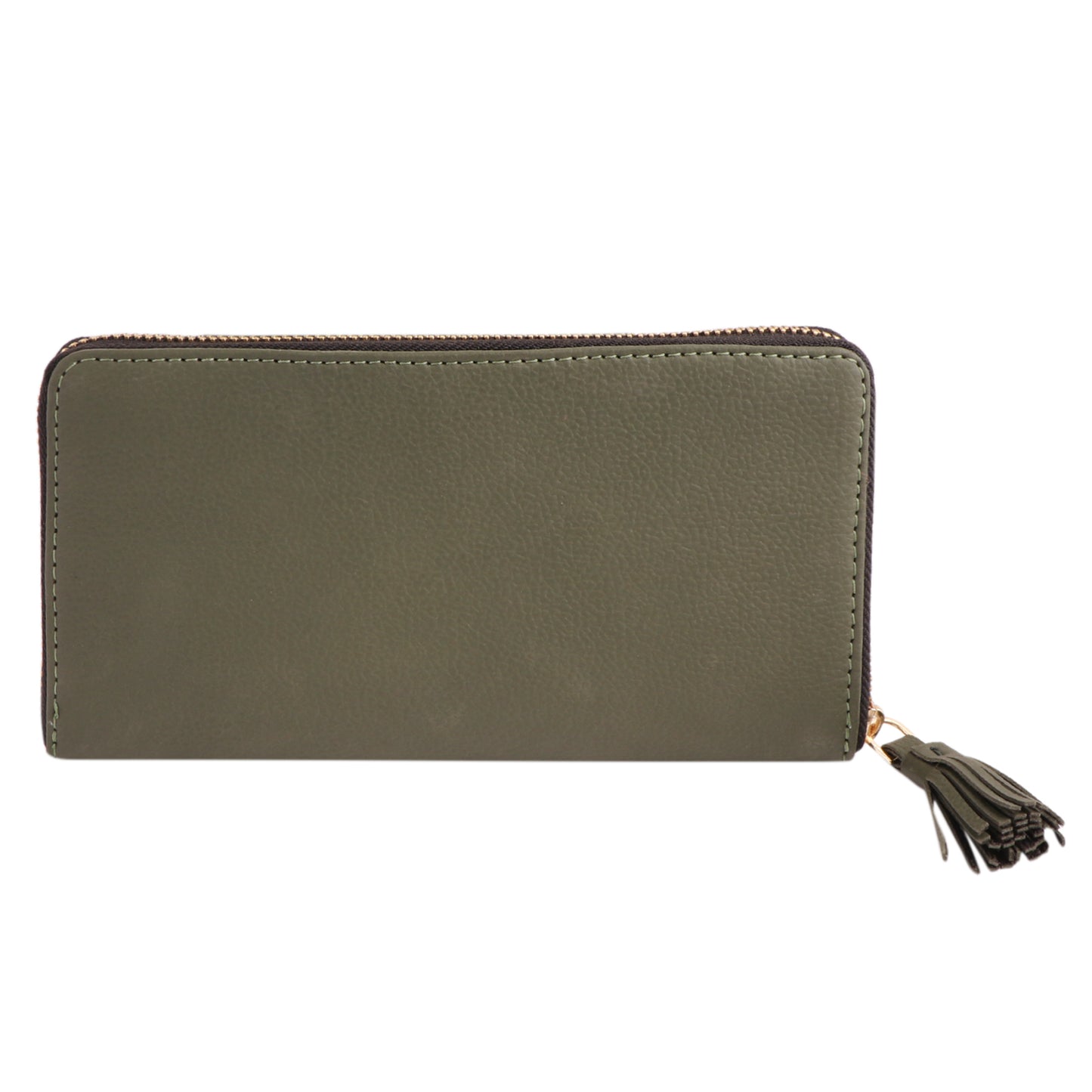 Olive Green Vegan Leather Tassel Clutch for Women | Stylish Zip Wallet