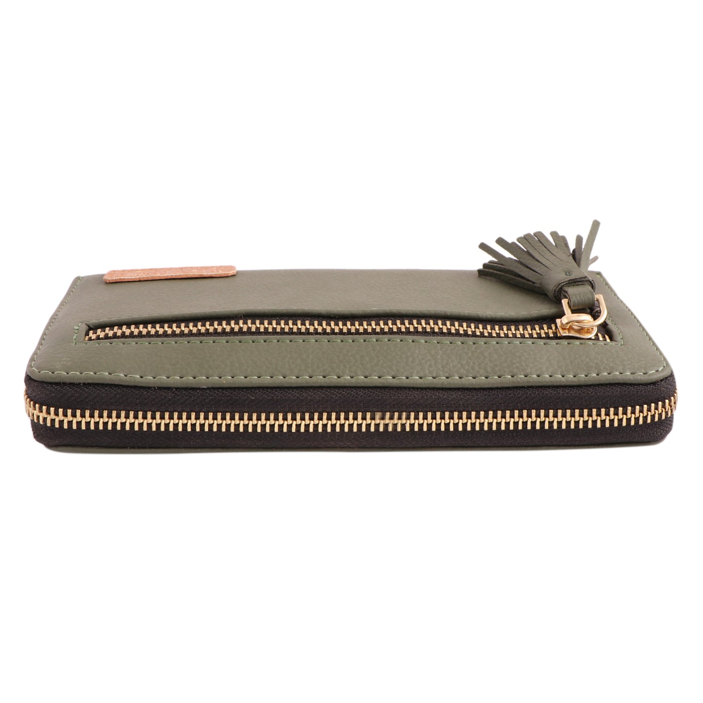 Olive Green Vegan Leather Tassel Clutch for Women | Stylish Zip Wallet