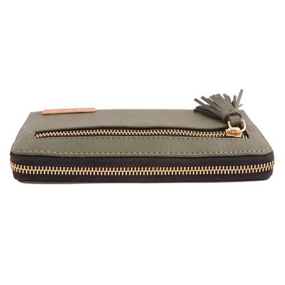 Olive Green Vegan Leather Tassel Clutch for Women | Stylish Zip Wallet