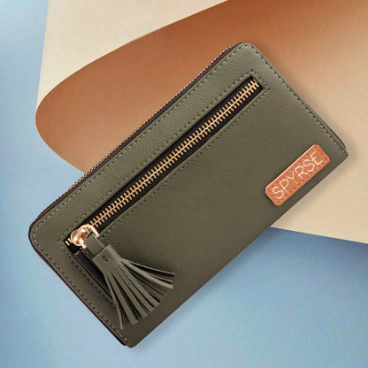 Olive Green Vegan Leather Tassel Clutch for Women | Stylish Zip Wallet