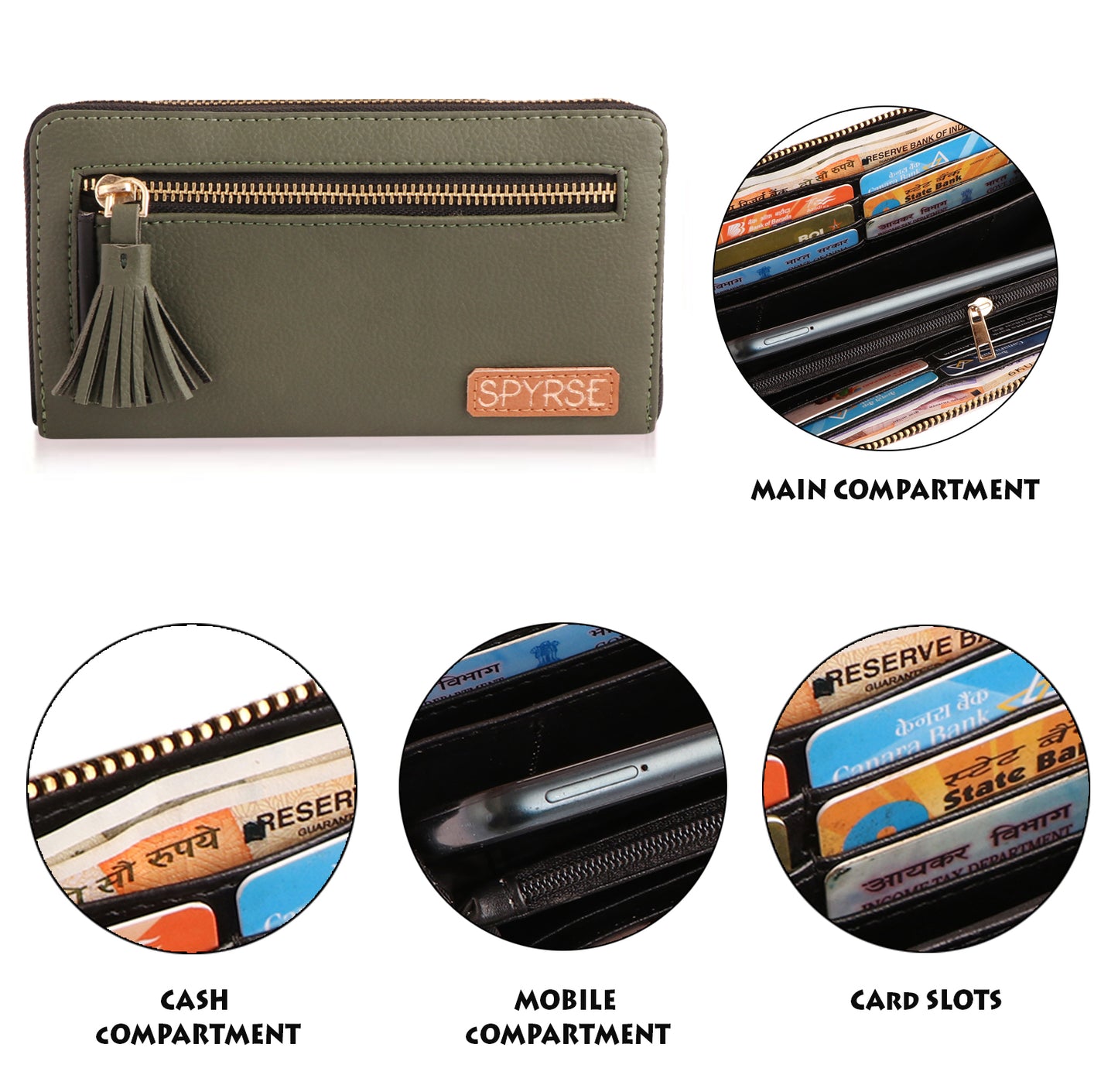 Olive Green Vegan Leather Tassel Clutch for Women | Stylish Zip Wallet