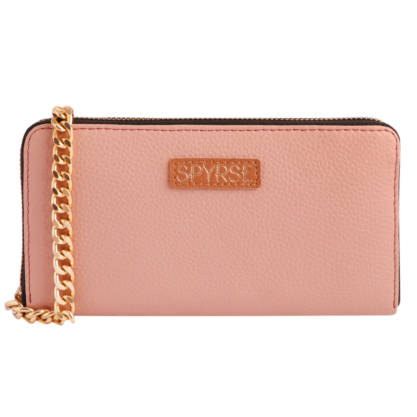 Women's Pink Vegan Leather Clutch Wallet | Zip-Around Purse with Chain