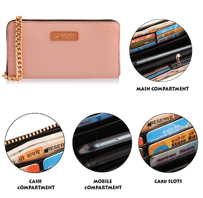 Women's Pink Vegan Leather Clutch Wallet | Zip-Around Purse with Chain