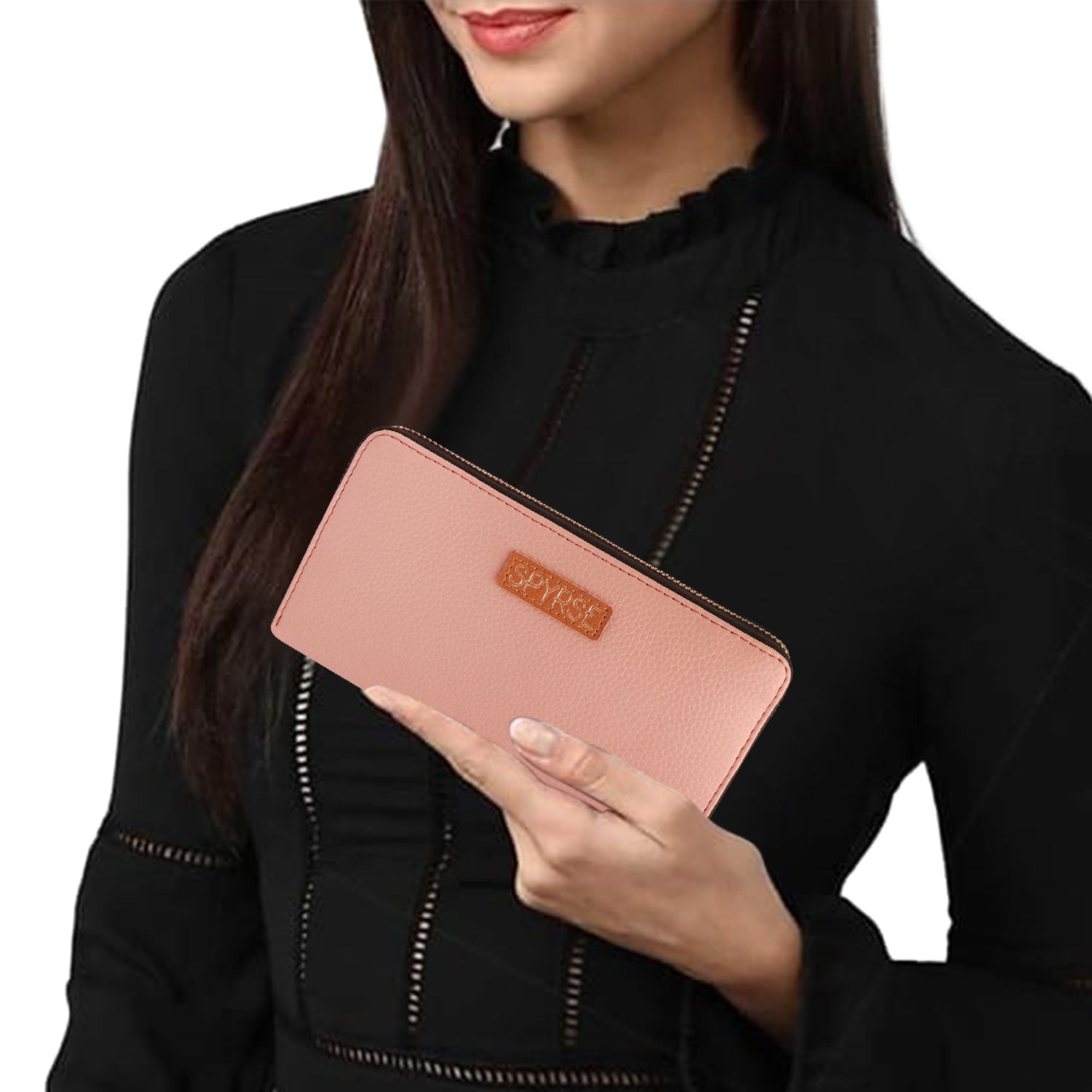Women's Pink Vegan Leather Clutch Wallet | Zip-Around Purse with Chain