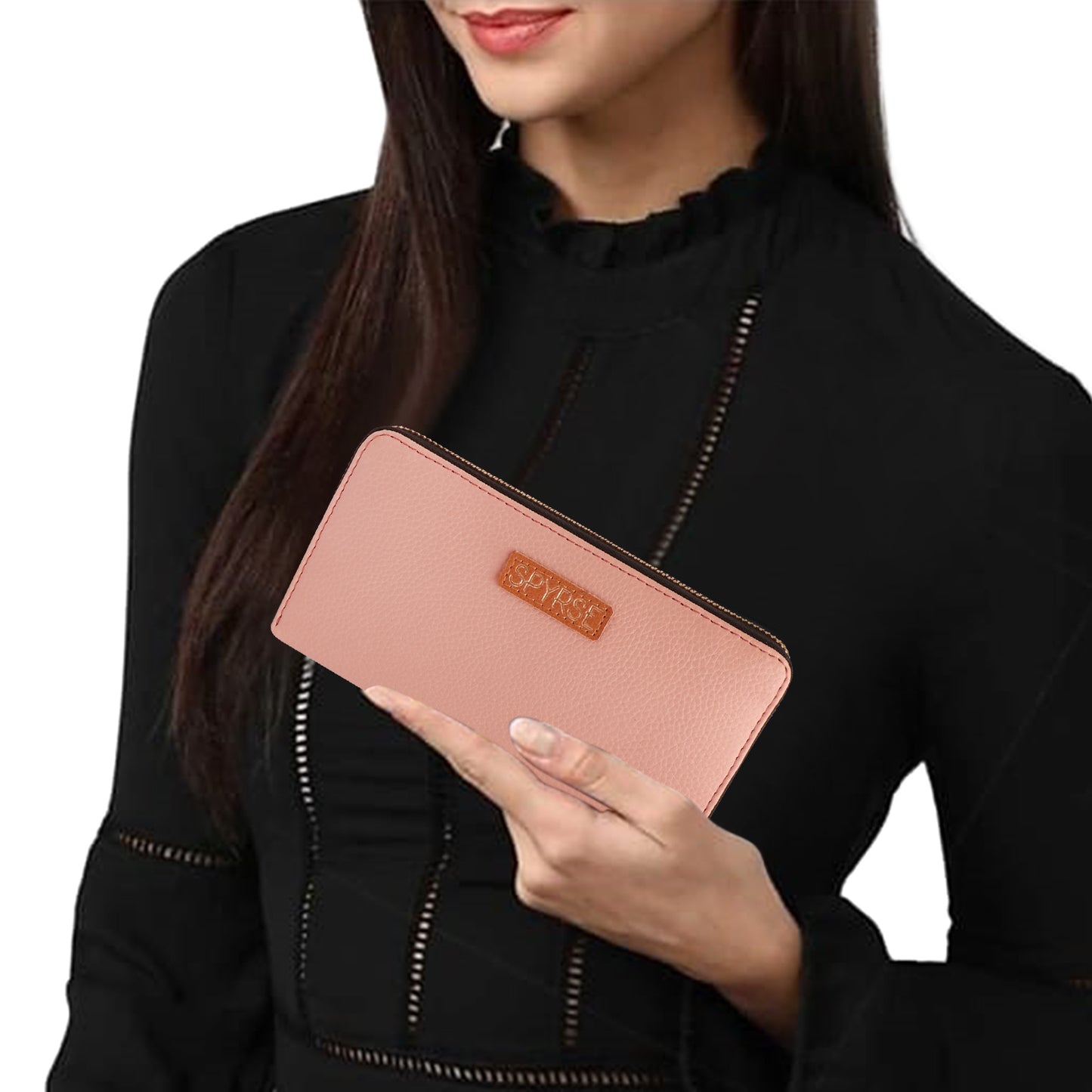 Women's Pink Vegan Leather Clutch Wallet | Zip-Around Purse with Chain