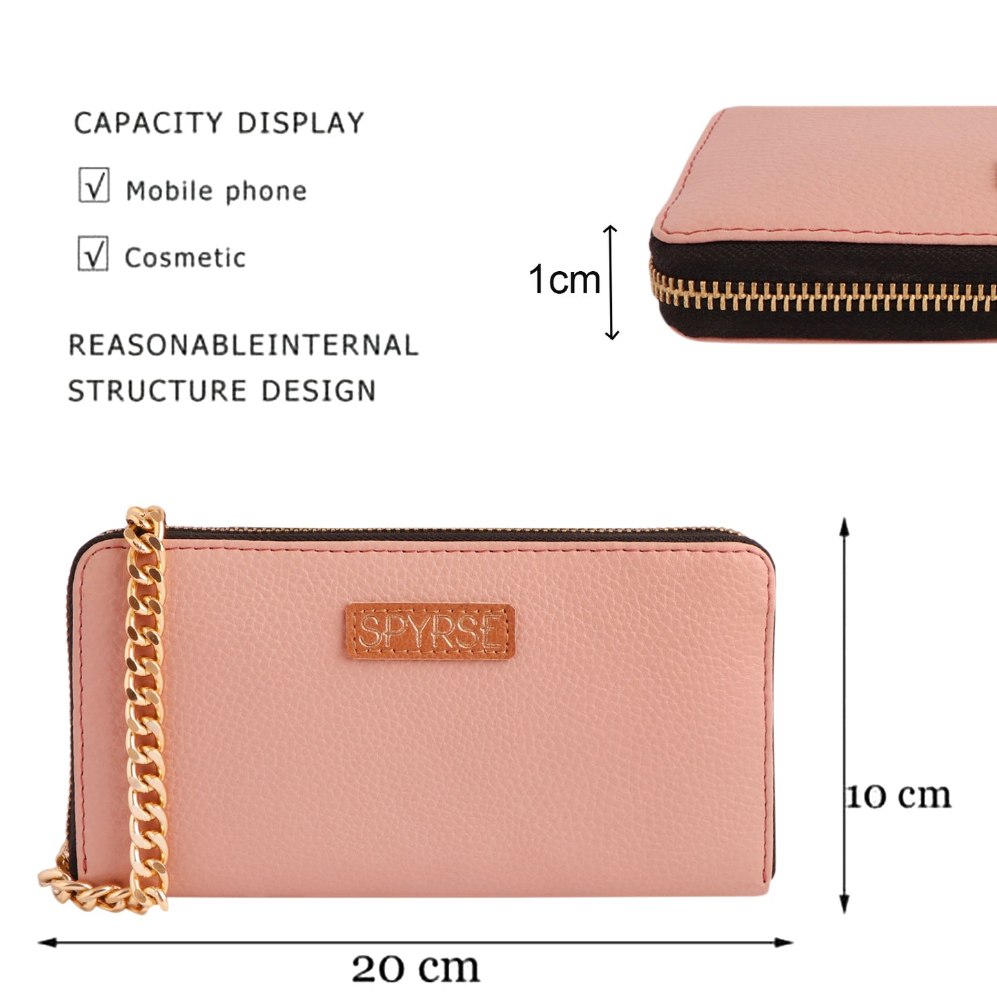 Women's Pink Vegan Leather Clutch Wallet | Zip-Around Purse with Chain
