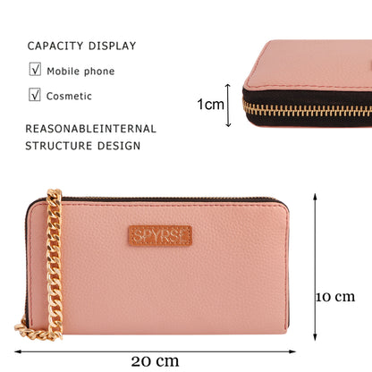 Women's Pink Vegan Leather Clutch Wallet | Zip-Around Purse with Chain