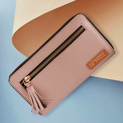 Women’s Blush Pink Vegan Leather Tassel Clutch | Zip Around Wallet | Card Holder