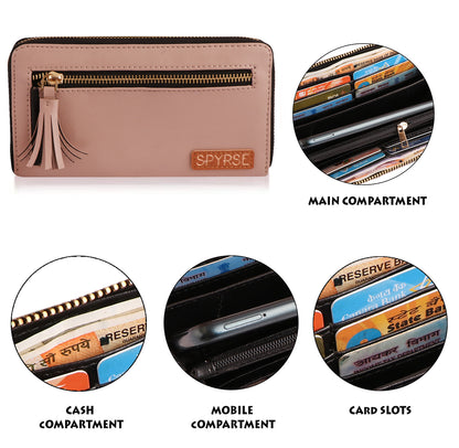 Women’s Blush Pink Vegan Leather Tassel Clutch | Zip Around Wallet | Card Holder