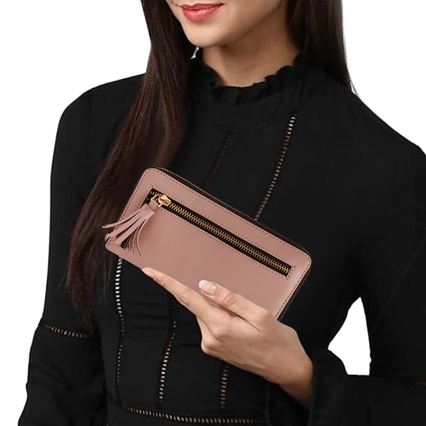 Women’s Blush Pink Vegan Leather Tassel Clutch | Zip Around Wallet | Card Holder