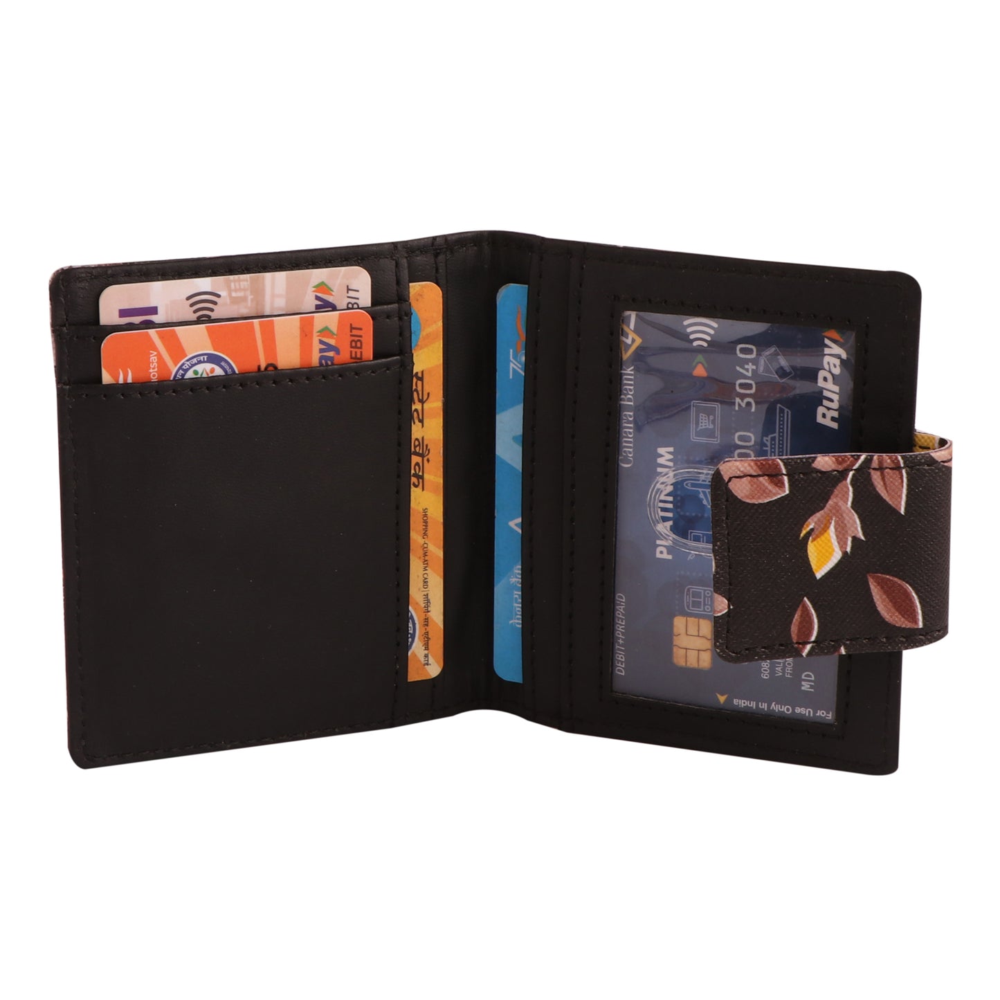 Black Floral Vegan Leather Wallet for Women | Compact & Stylish