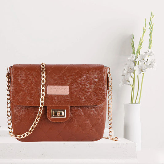 Brown Quilted Vegan Leather Chain Sling Bag for Women