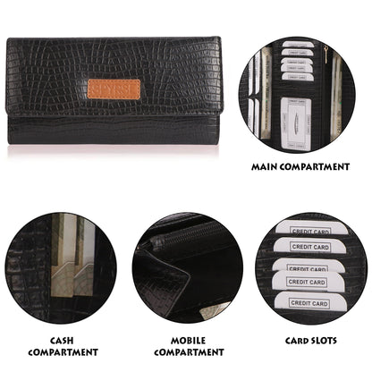 Black Vegan Leather Women’s Wallet | Crocodile Texture