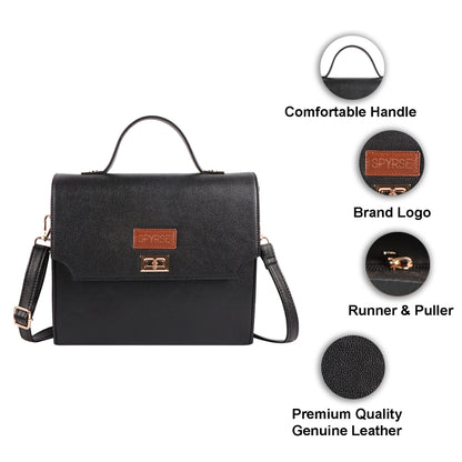 Women’s Black Vegan Leather Handbag with Gold Lock & Adjustable Strap