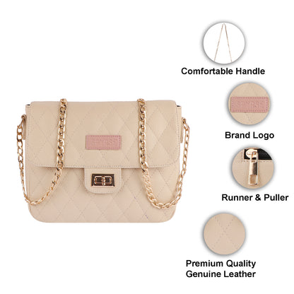 Beige Quilted Vegan Leather Sling Bag for Women | Gold Chain Shoulder Bag