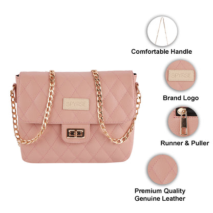 Pink Quilted Vegan Leather Chain Sling Bag for Women