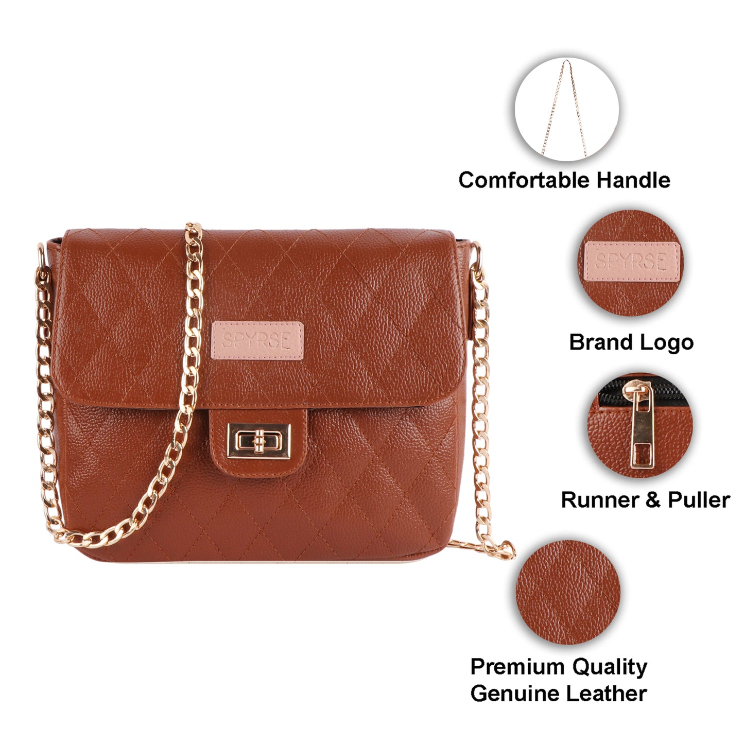 Brown leather handbag with chain detail on a white background, featuring close-up details.