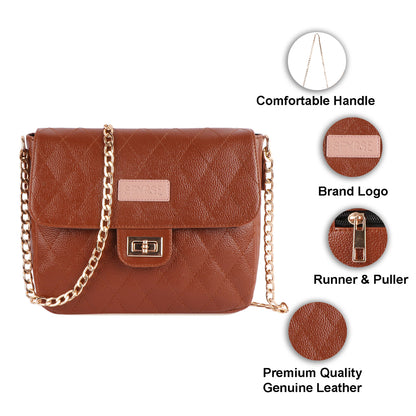 Brown leather handbag with chain detail on a white background, featuring close-up details.