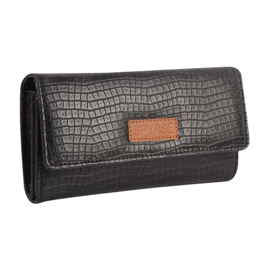 Black Vegan Leather Women’s Wallet | Crocodile Texture
